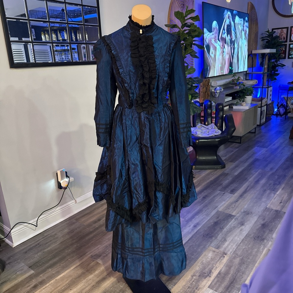 Professional Theatre Costume Victorian Long Sleeve Dress in Blue and Black